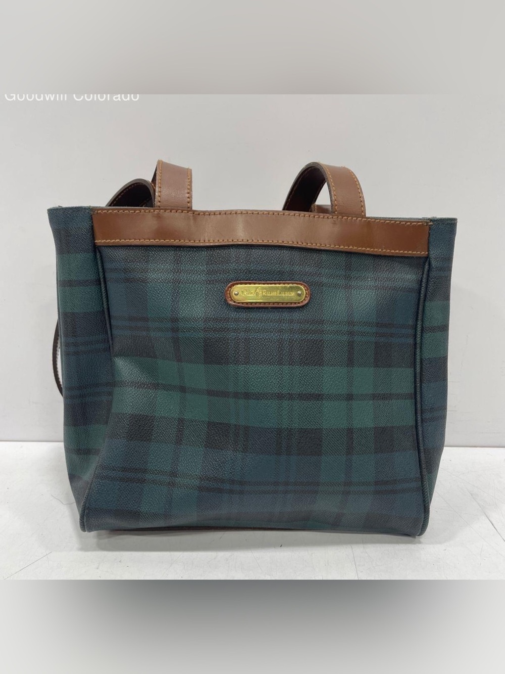Vintage Polo Ralph Lauren blackwatch tartan navy green Plaid Tote Brown Leather